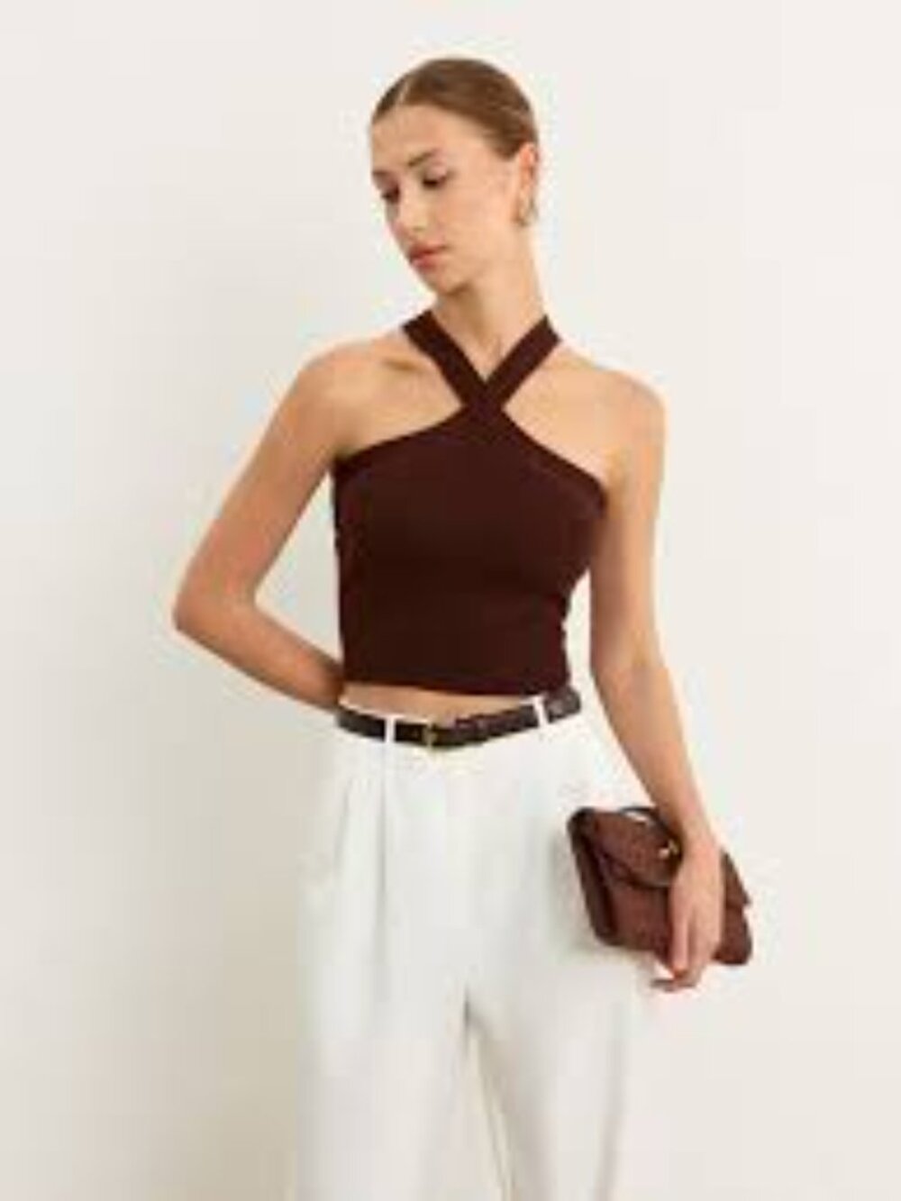 BDG / Urban Outfitters Brown Ribbed Cross Neck Halter Crop Top- Size Small